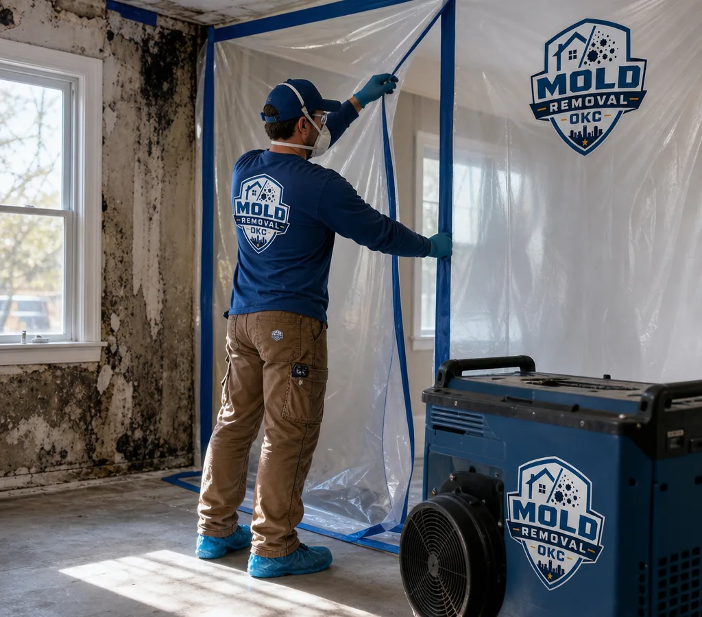 Technician in PPE setting up plastic containment and a negative air machine in an Oklahoma City residential room