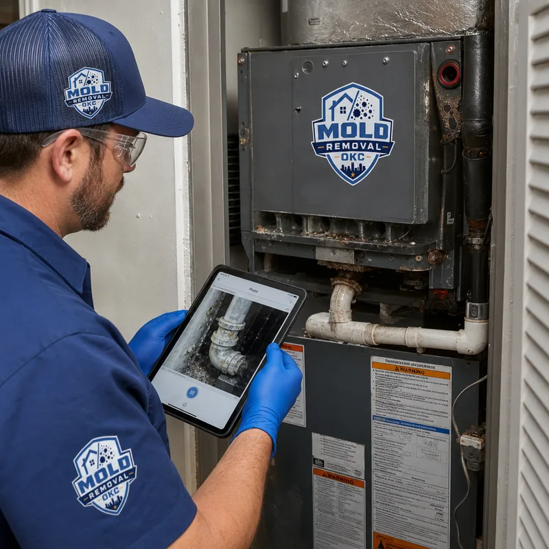Inspector checking an HVAC closet and air handler for condensation while documenting conditions with a tablet