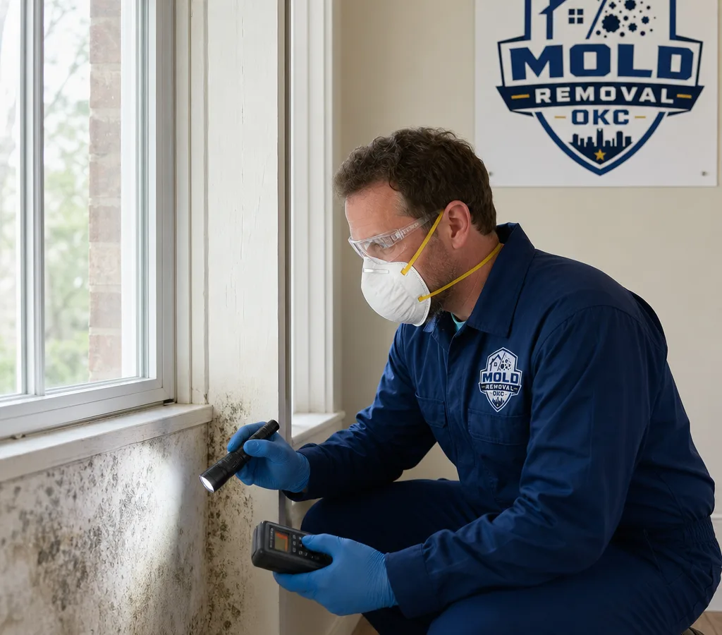 Inspector in PPE examining an interior wall and window area for moisture and visible mold in an Oklahoma City-area home
