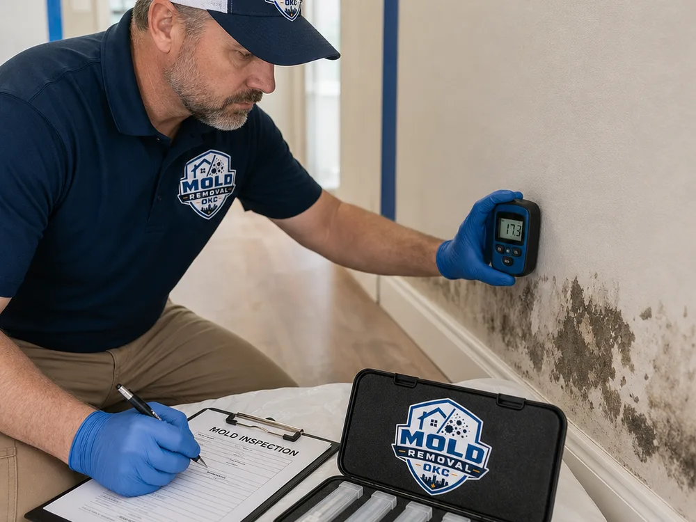 Technician using a moisture meter on drywall near a baseboard and taking notes beside a sample cassette kit