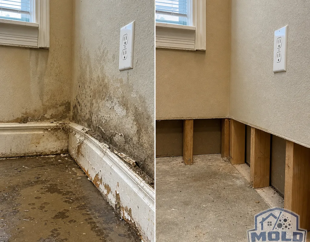 Before and after view of wet drywall and a swollen baseboard selectively removed so the wall can dry before repair