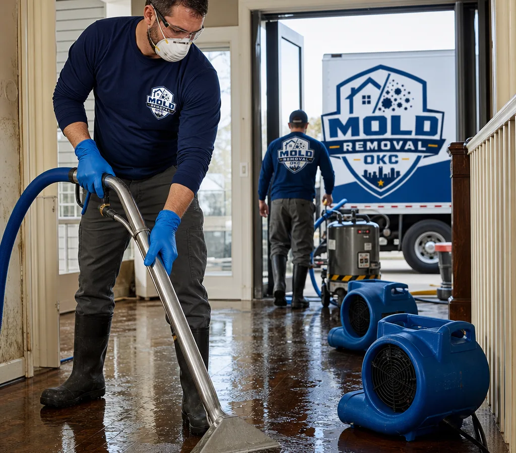 Technicians in protective gear extracting standing water from an Oklahoma City home with extraction equipment and air movers nearby