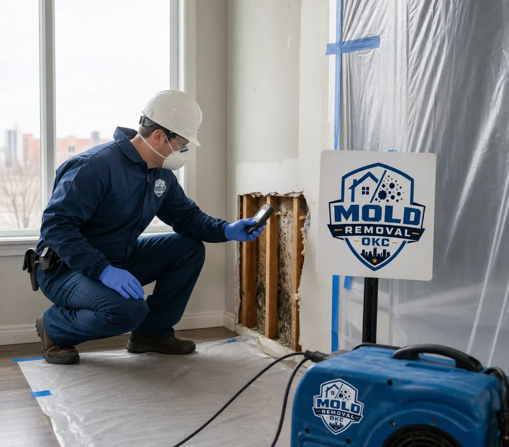 Technician in PPE assessing mold growth on residential drywall with containment materials nearby