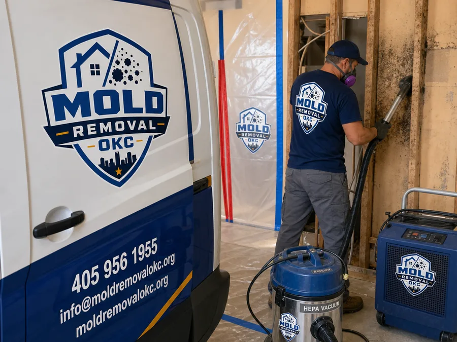 Contained work area with plastic sheeting, negative air equipment, and a technician HEPA vacuuming framing