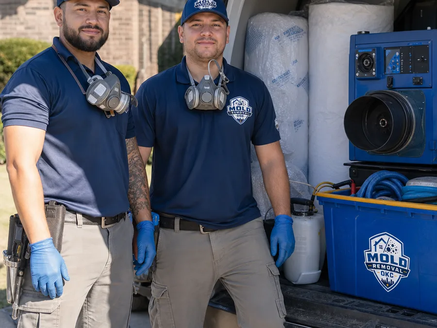 Two mold removal technicians beside a service vehicle with containment supplies and HEPA equipment